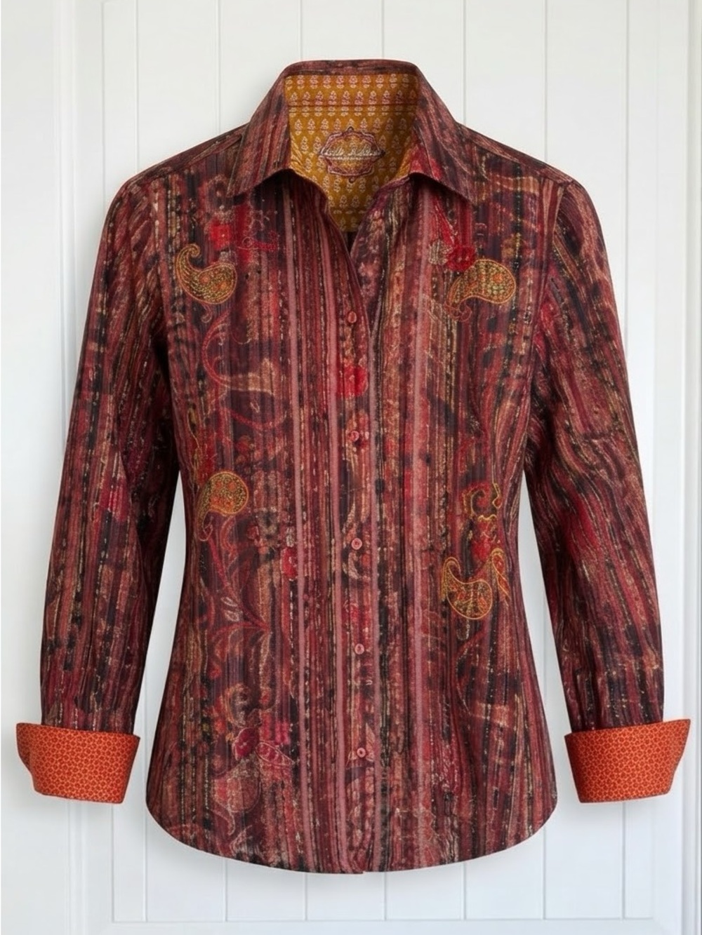 Robert Graham Paisley Embroidered Blouse Metallic Striped Flip Cuff Button Shirt
